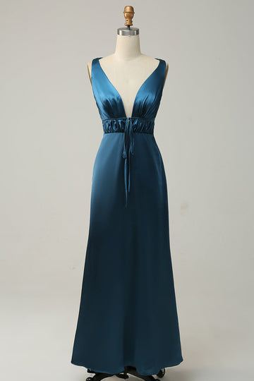 Vestido de Dama de Honor Satín Azul Tinta